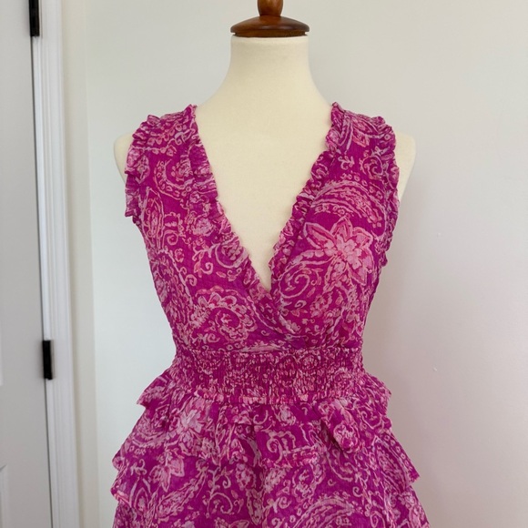 Fate Women’s Paisley Print V-Neck Chic Pink Ruffle Dress Sz Small Whimsical - Picture 2 of 10